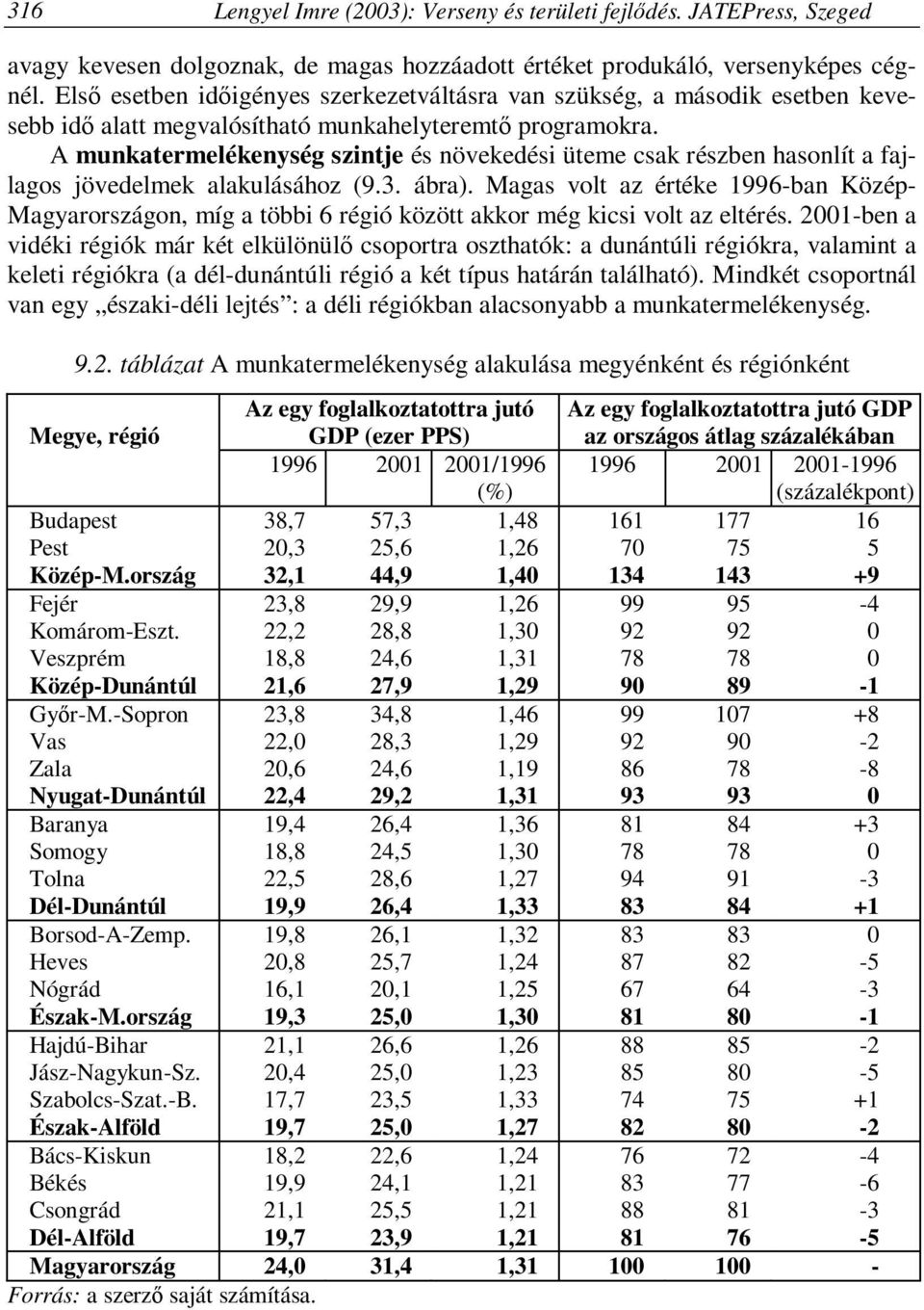 A munkatermelékenység szintje és növekedési üteme csak részben hasonlít a fajlagos jövedelmek alakulásához (9.3. ábra).