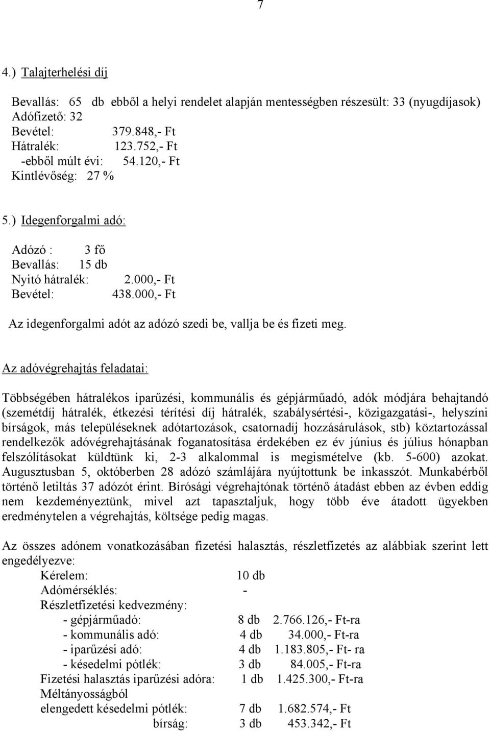 Az adóvégrehajtás feladatai: Többségében hátralékos iparűzési, kommunális és gépjárműadó, adók módjára behajtandó (szemétdíj hátralék, étkezési térítési díj hátralék, szabálysértési-, közigazgatási-,