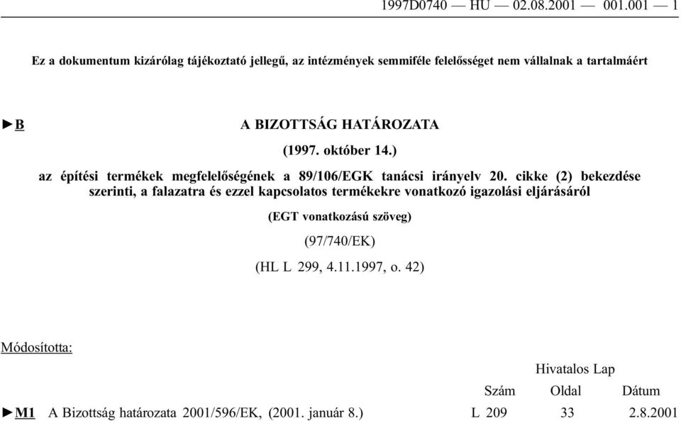 HATÁROZATA (1997. október 14.) az építési termékek megfelelőségének a 89/106/EGK tanácsi irányelv 20.