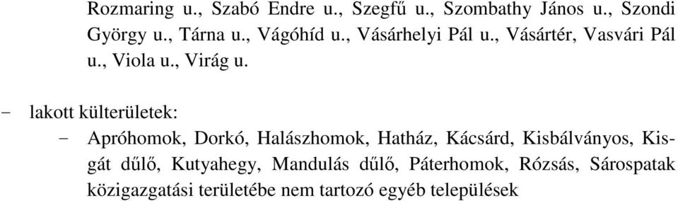 - lakott külterületek: - Apróhomok, Dorkó, Halászhomok, Hatház, Kácsárd, Kisbálványos, Kisgát