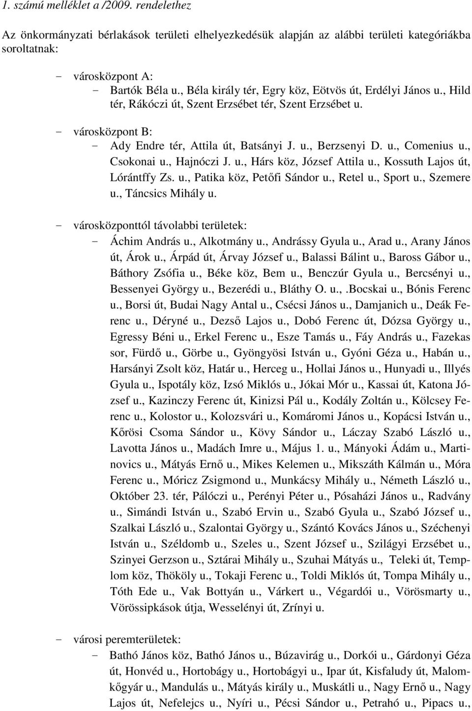 , Csokonai u., Hajnóczi J. u., Hárs köz, József Attila u., Kossuth Lajos út, Lórántffy Zs. u., Patika köz, Petıfi Sándor u., Retel u., Sport u., Szemere u., Táncsics Mihály u.