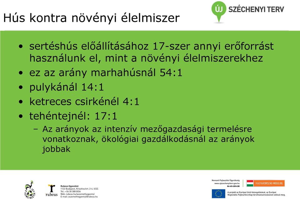 marhahúsnál 54:1 pulykánál 14:1 ketreces csirkénél 4:1 tehéntejnél: 17:1 Az
