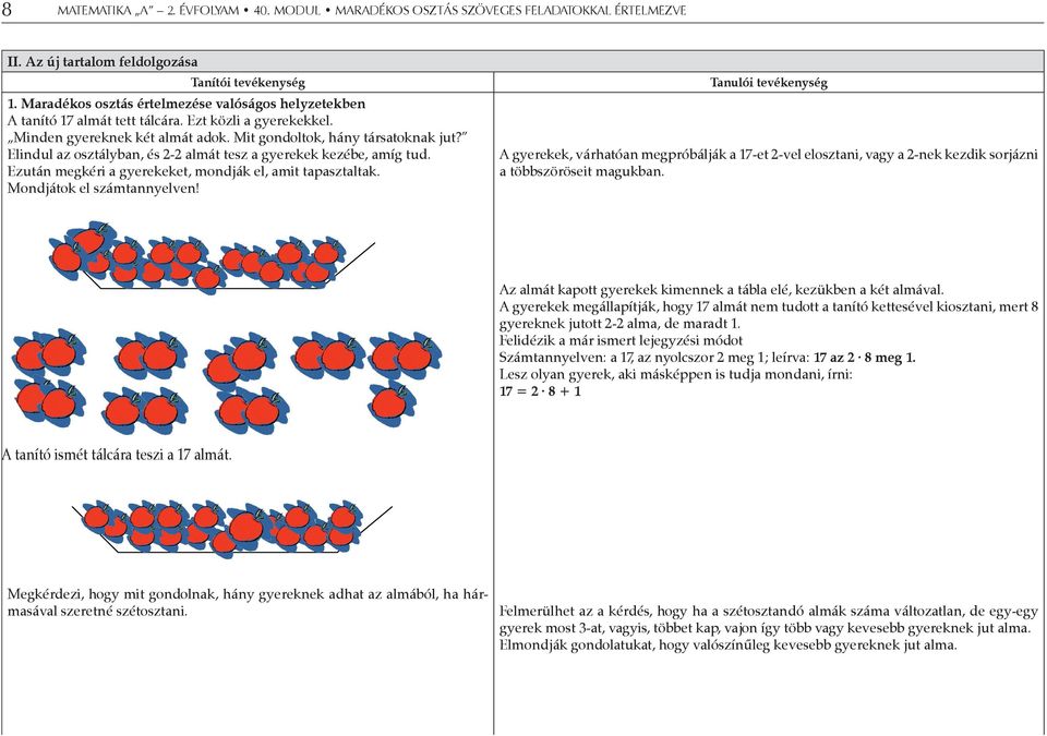Tanulói tevékenység A gyerekek, várhatóan megpróbálják a 17-et 2-vel elosztani, vagy a 2-nek kezdik sorjázni a többszöröseit magukban.