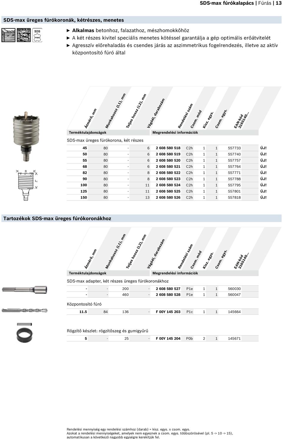 Megredelési iformációk SDS-max üreges fúrókoroa, két részes 45 80-6 2 608 580 518 C2h 1 1 557733 ÚJ! 50 80-6 2 608 580 519 C2h 1 1 557740 ÚJ! 55 80-6 2 608 580 520 C2h 1 1 557757 ÚJ!