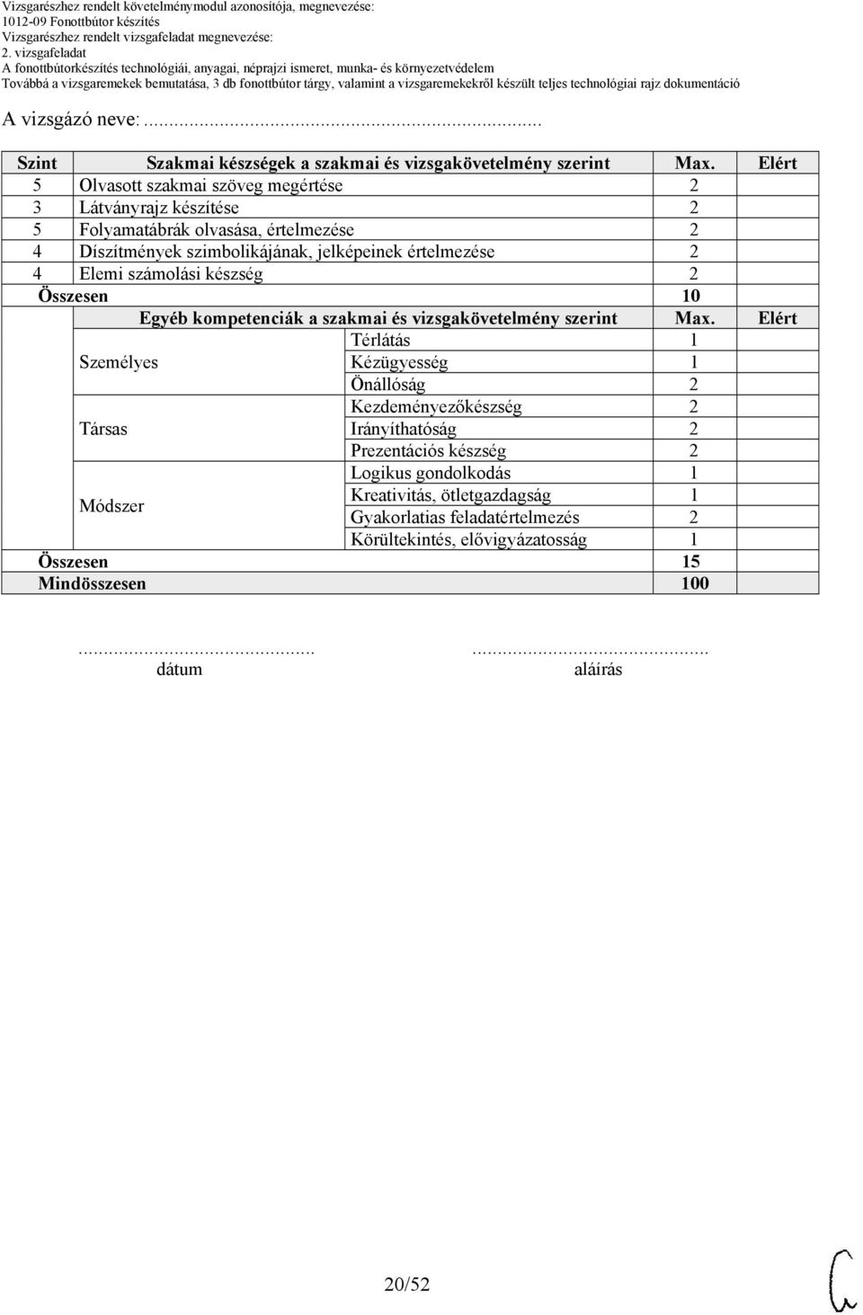 számolási készség 2 Összesen 10 Egyéb kompetenciák a szakmai és vizsgakövetelmény szerint Max.