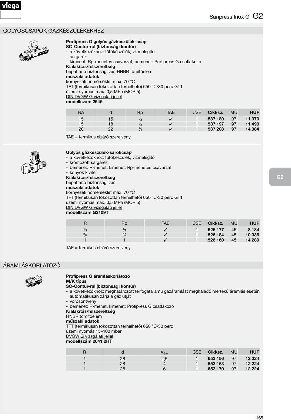0,5 MPa (MOP 5) DIN DVGW G vizsgálati jellel modellszám 2646 NA d Rp TAE CSE Cikksz. MU HUF 15 15 ½ 1 537 180 97 11.370 15 18 ½ 1 537 197 97 11.490 20 22 ¾ 1 537 203 97 14.