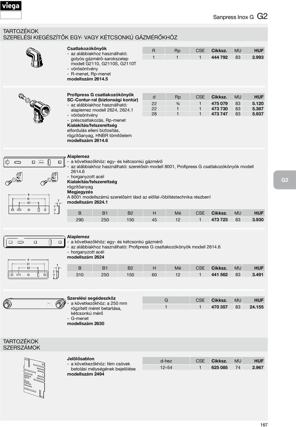 1 vörösöntvény préscsatlakozás, Rp-menet elfordulás elleni biztosítás, rögzítőanyag, HNBR tömítőelem modellszám 2614.6 d Rp CSE Cikksz. MU HUF 22 ¾ 1 475 079 83 5.120 22 1 1 473 730 83 5.