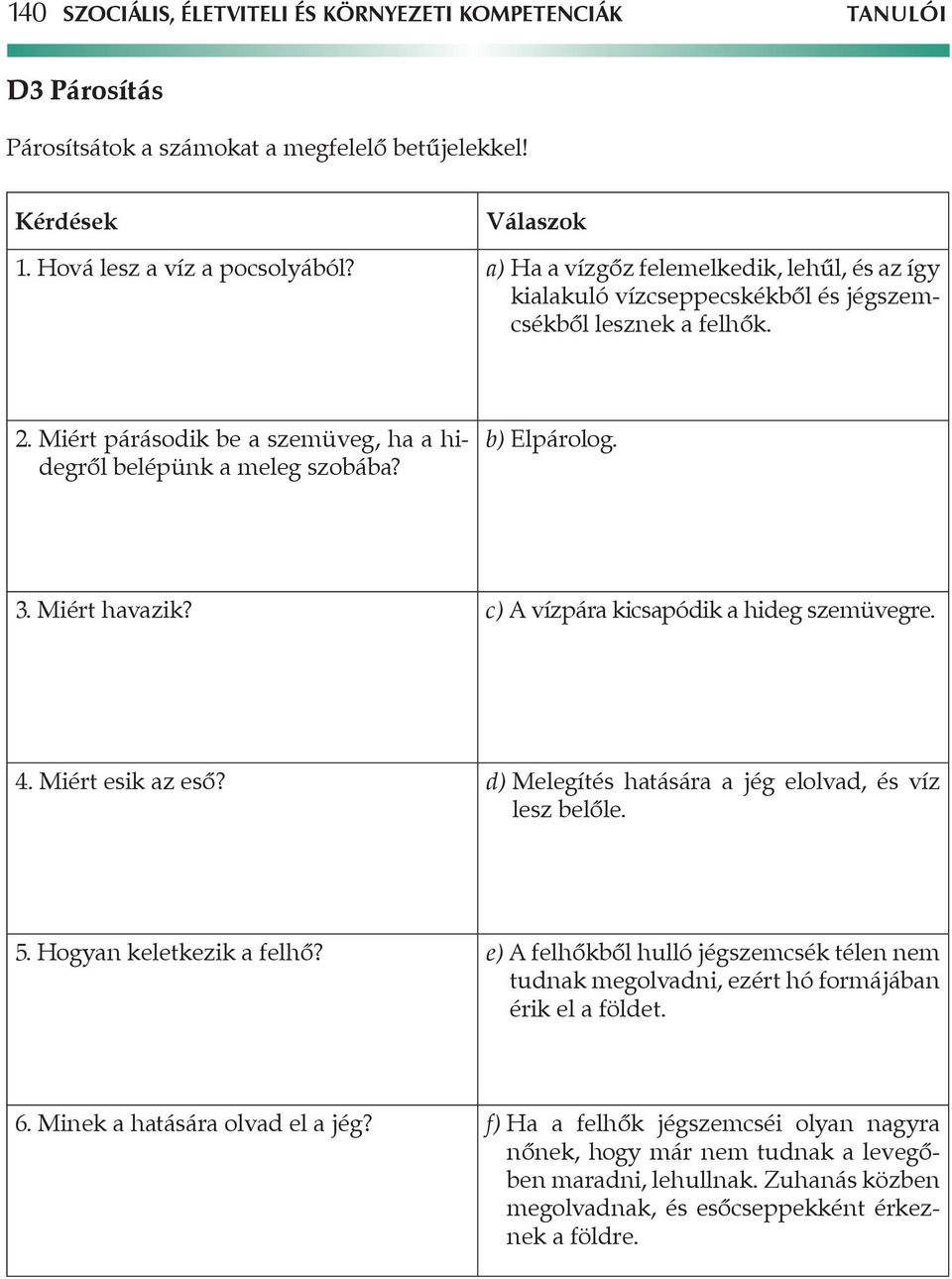 Miért havazik? c) A vízpára kicsapódik a hideg szemüvegre. 4. Miért esik az eső? d) Melegítés hatására a jég elolvad, és víz lesz belőle. 5. Hogyan keletkezik a felhő?