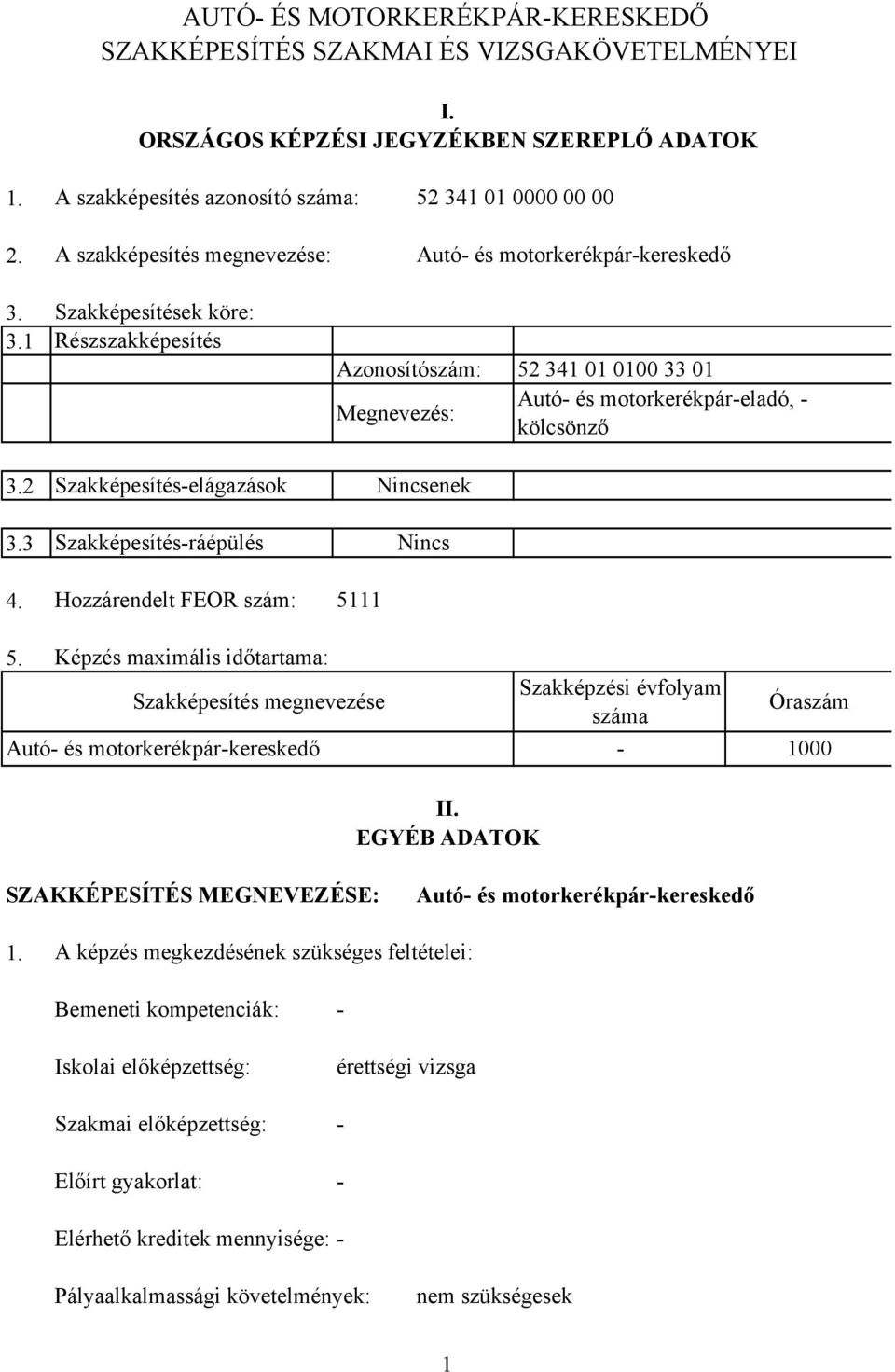 2 Szakképesítés-elágazások Nincsenek 3.3 Szakképesítés-ráépülés Nincs 4. Hozzárendelt FEOR szám: 5111 5.