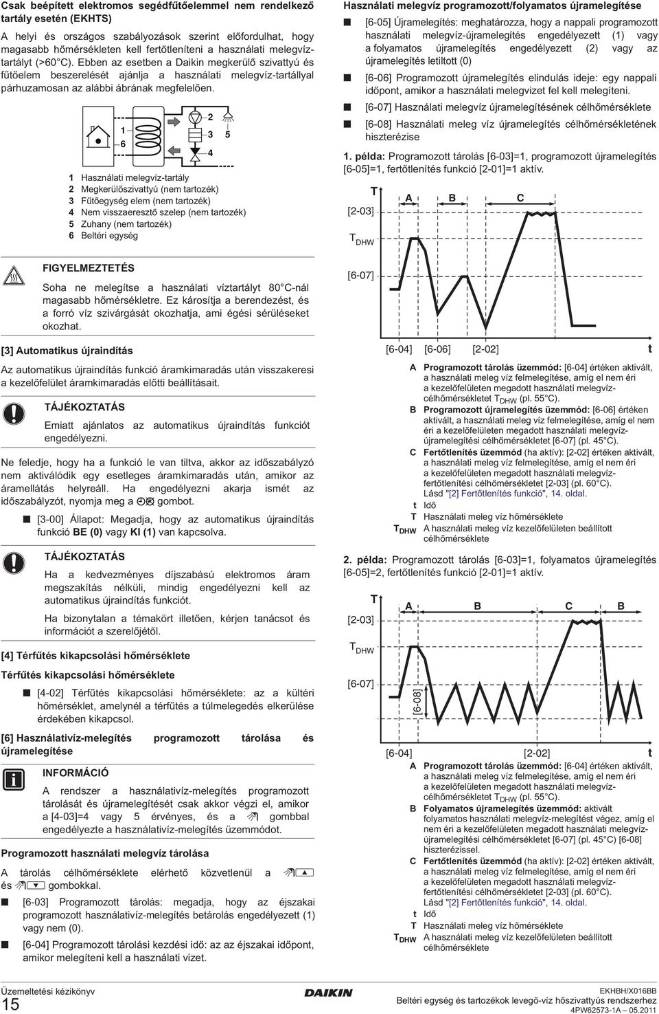1 6 1 Használati melegvíz-tartály 2 Megkerülőszivattyú (nem tartozék) 3 Fűtőegység elem (nem tartozék) 4 Nem visszaeresztő szelep (nem tartozék) 5 Zuhany (nem tartozék) 6 Beltéri egység 2 3 5 4