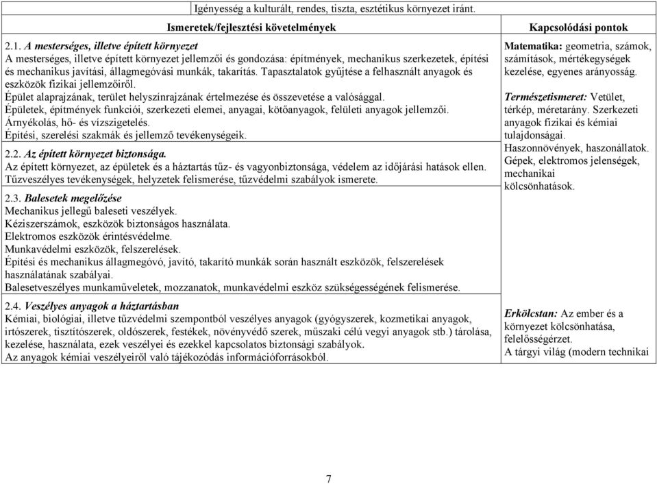 takarítás. Tapasztalatok gyűjtése a felhasznált anyagok és eszközök fizikai jellemzőiről. Épület alaprajzának, terület helyszínrajzának értelmezése és összevetése a valósággal.