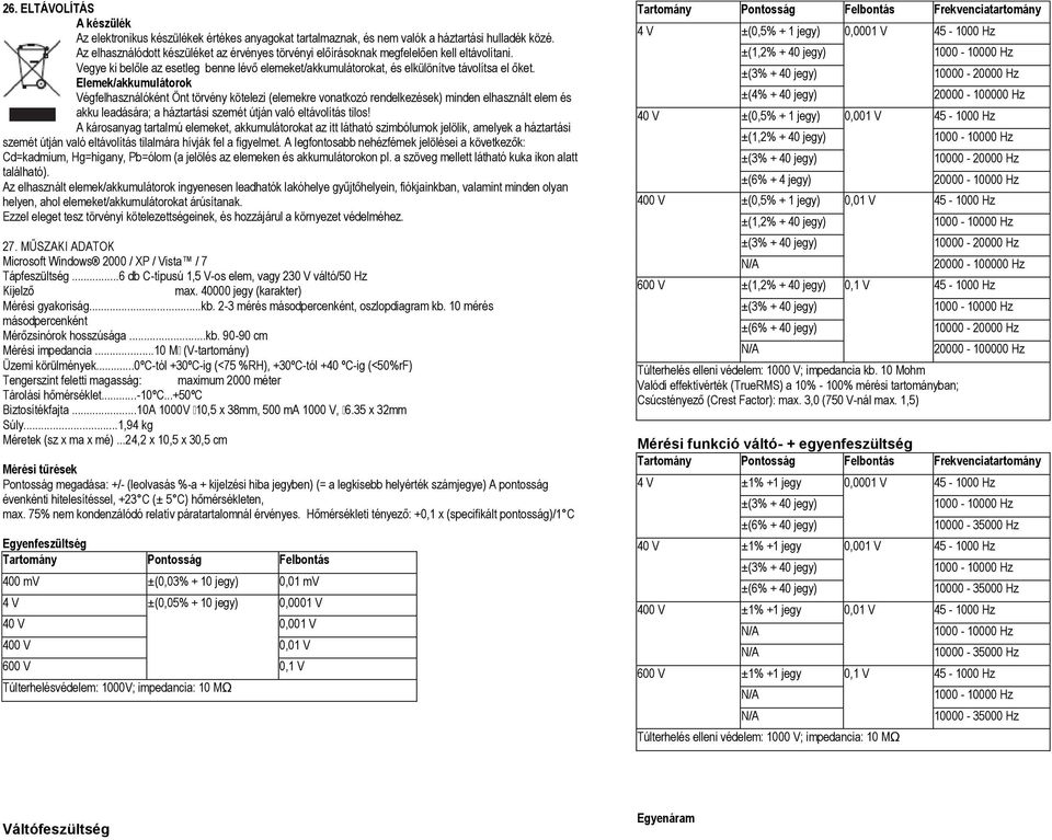 Elemek/akkumulátorok Végfelhasználóként Önt törvény kötelezi (elemekre vonatkozó rendelkezések) minden elhasznált elem és akku leadására; a háztartási szemét útján való eltávolítás tilos!