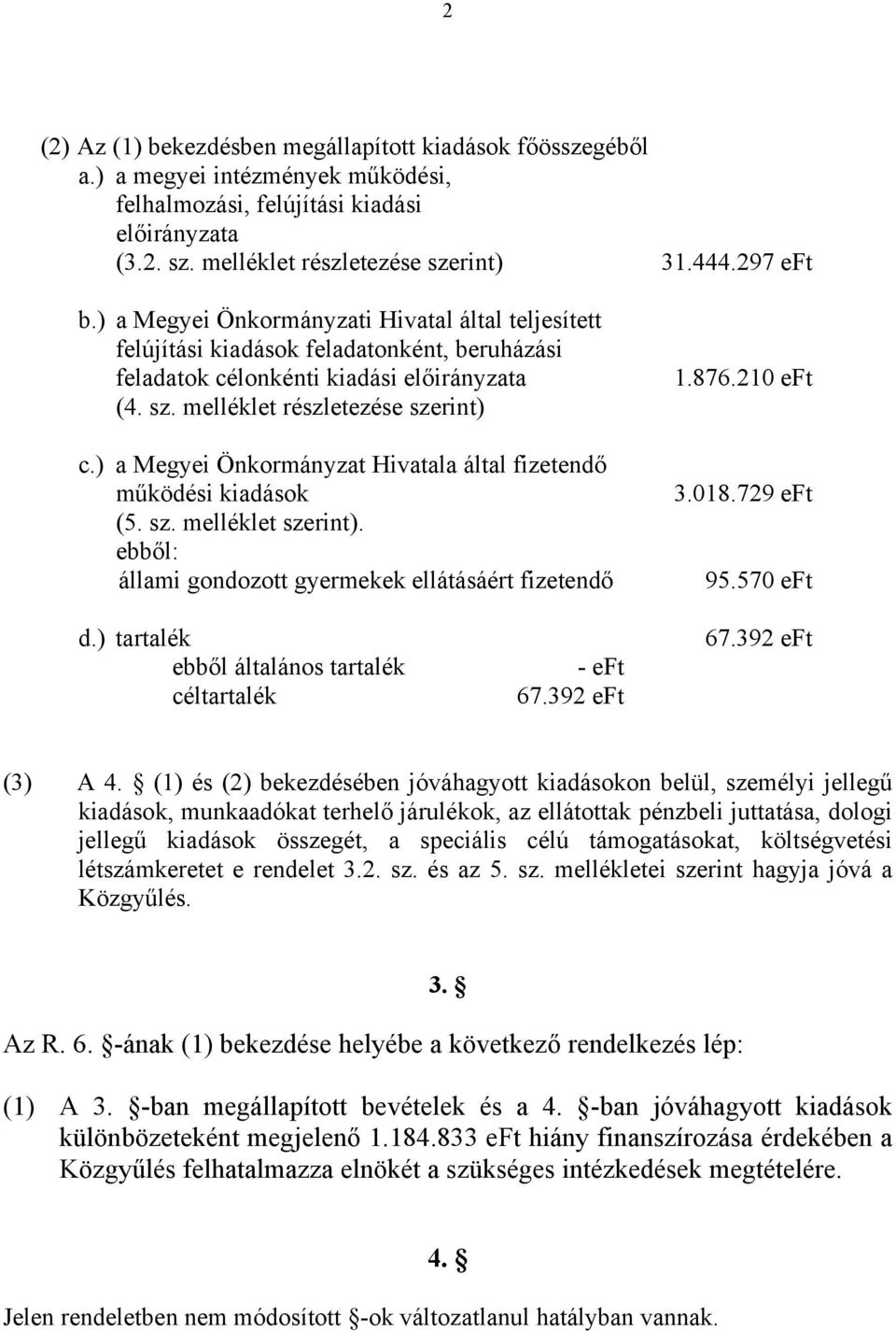 ) a Megyei Önkormányzat Hivatala által fizetendő működési kiadások (5. sz. melléklet szerint). ebből: állami gondozott gyermekek ellátásáért fizetendő 1.876.210 eft 3.018.729 eft 95.570 eft d.