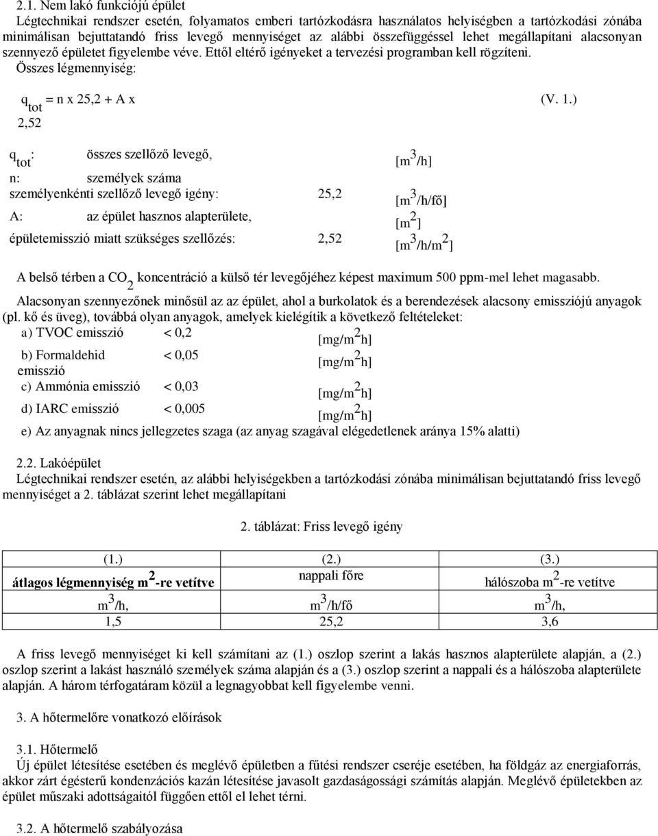 ) q tot : összes szellőző levegő, n: személyek száma személyenkénti szellőző levegő igény: 25,2 A: az épület hasznos alapterülete, épületemisszió miatt szükséges szellőzés: 2,52 [m 3 /h] [m 3 /h/fő]