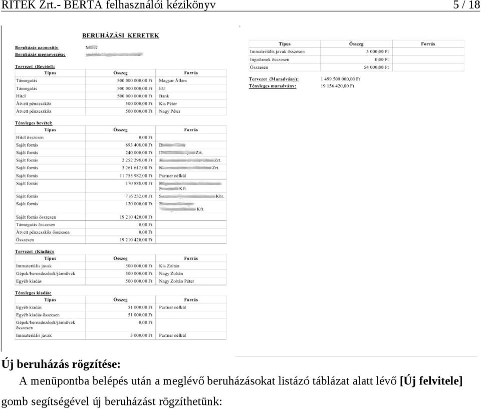 beruházásokat listázó táblázat alatt lévő