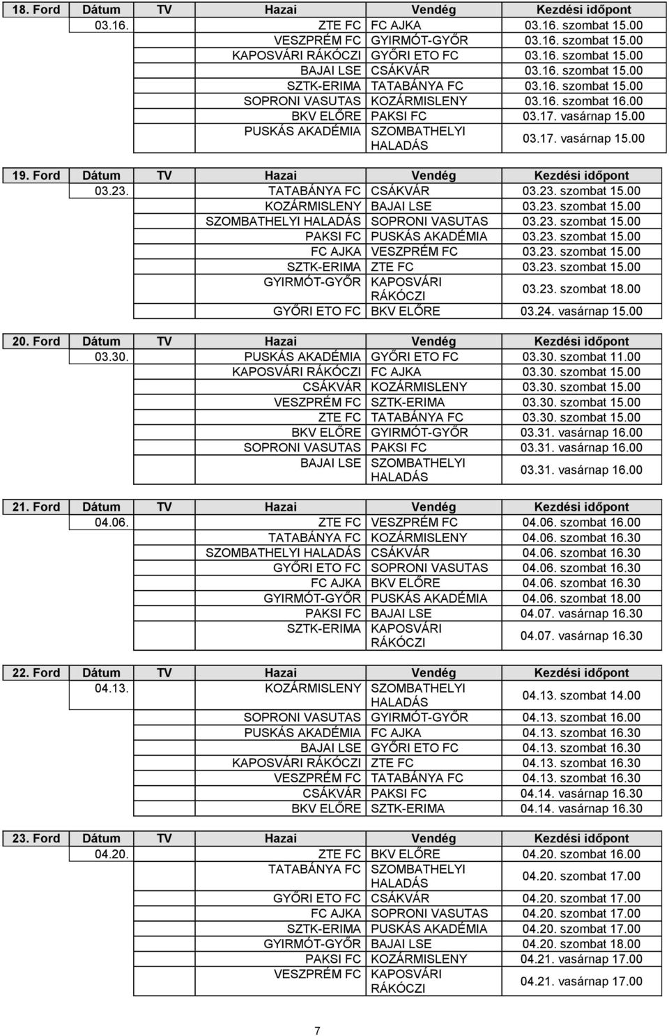 Ford Dátum TV Hazai Vendég Kezdési időpont 03.23. TATABÁNYA FC CSÁKVÁR 03.23. szombat 15.00 KOZÁRMISLENY BAJAI LSE 03.23. szombat 15.00 SZOMBATHELYI SOPRONI VASUTAS 03.23. szombat 15.00 PAKSI FC PUSKÁS AKADÉMIA 03.