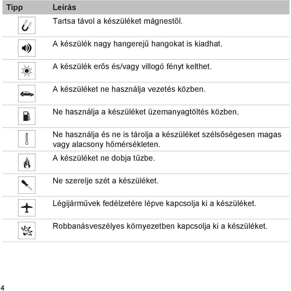 Ne használja a készüléket üzemanyagtöltés közben.