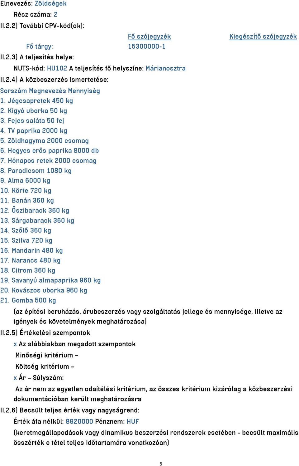 Hegyes erős paprika 8000 db 7. Hónapos retek 2000 csomag 8. Paradicsom 1080 kg 9. Alma 6000 kg 10. Körte 720 kg 11. Banán 360 kg 12. Őszibarack 360 kg 13. Sárgabarack 360 kg 14. Szőlő 360 kg 15.