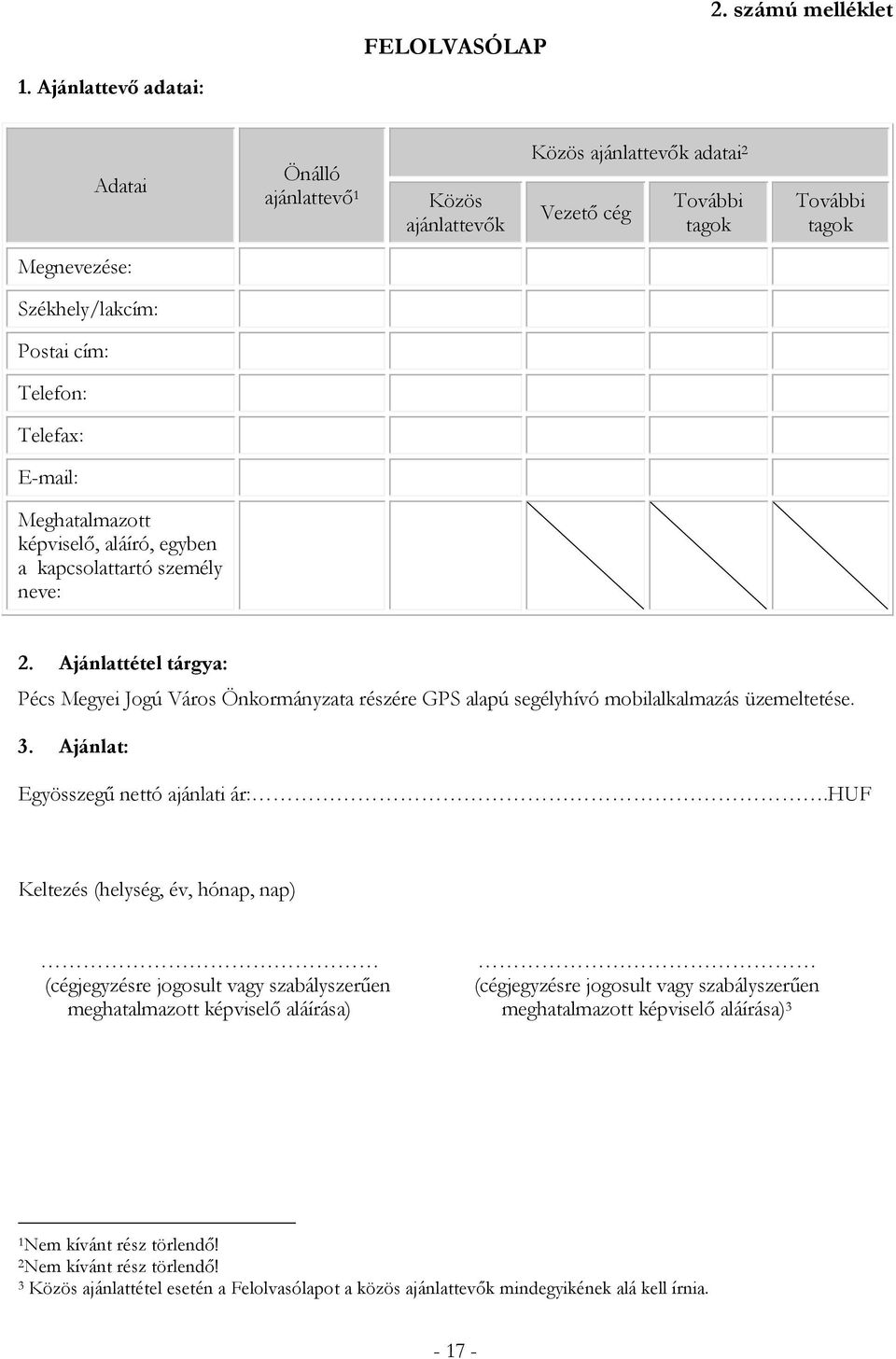Meghatalmazott képviselő, aláíró, egyben a kapcsolattartó személy neve: 2. Ajánlattétel tárgya: Pécs Megyei Jogú Város Önkormányzata részére GPS alapú segélyhívó mobilalkalmazás üzemeltetése. 3.