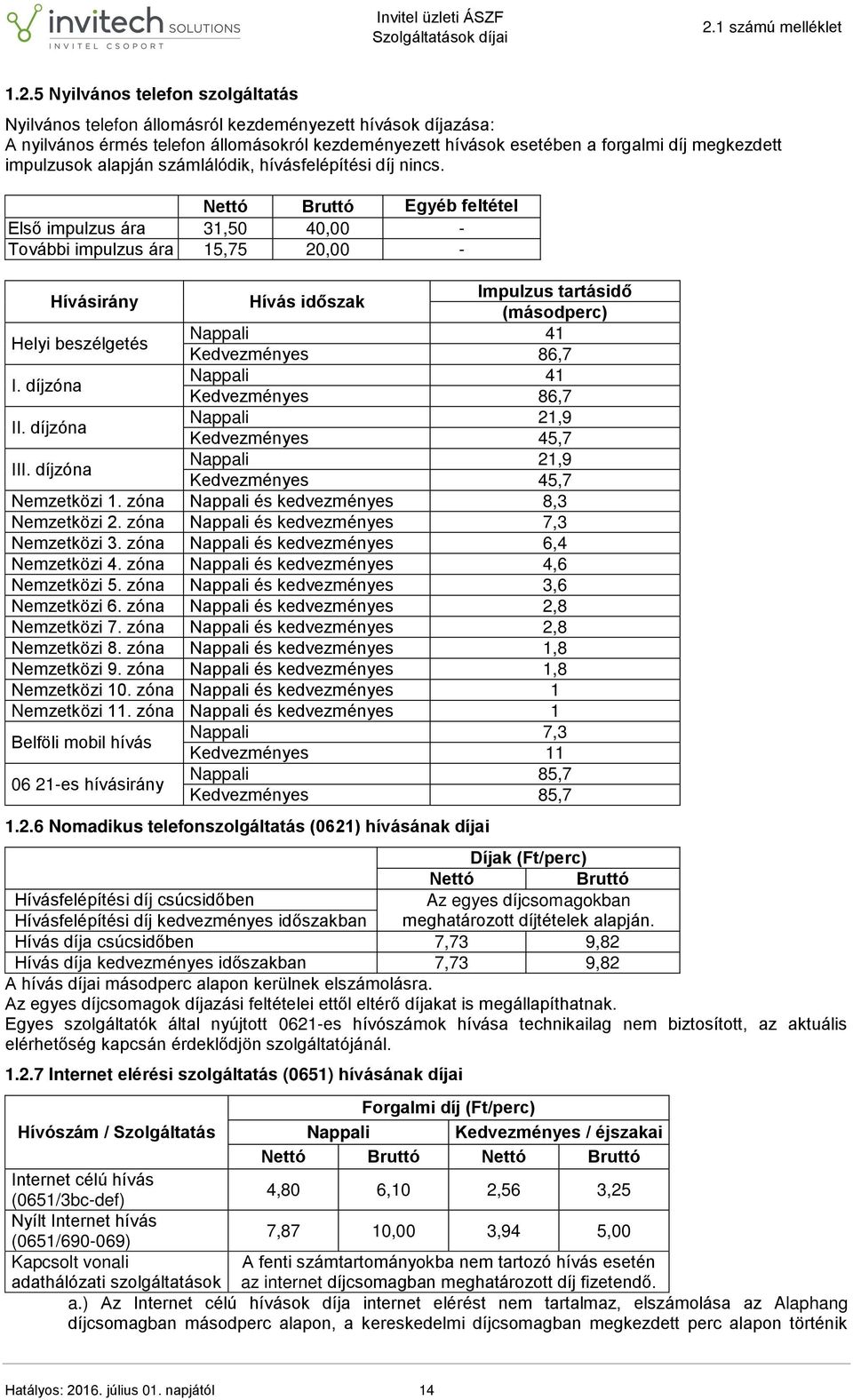 Egyéb feltétel Első impulzus ára 31,50 40,00 - További impulzus ára 15,75 20,00 - Hívásirány Hívás időszak Impulzus tartásidő (másodperc) Helyi beszélgetés Nappali 41 Kedvezményes 86,7 I.
