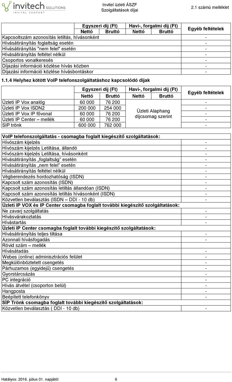 1.4 Helyhez kötött VoIP telefonszolgáltatáshoz kapcsolódó díjak Egyszeri díj (Ft) Havi-, forgalmi díj (Ft) Egyéb feltételek Üzleti IP Vox analóg 60 000 76 200 - Üzleti IP Vox ISDN2 200 000 254 000 -