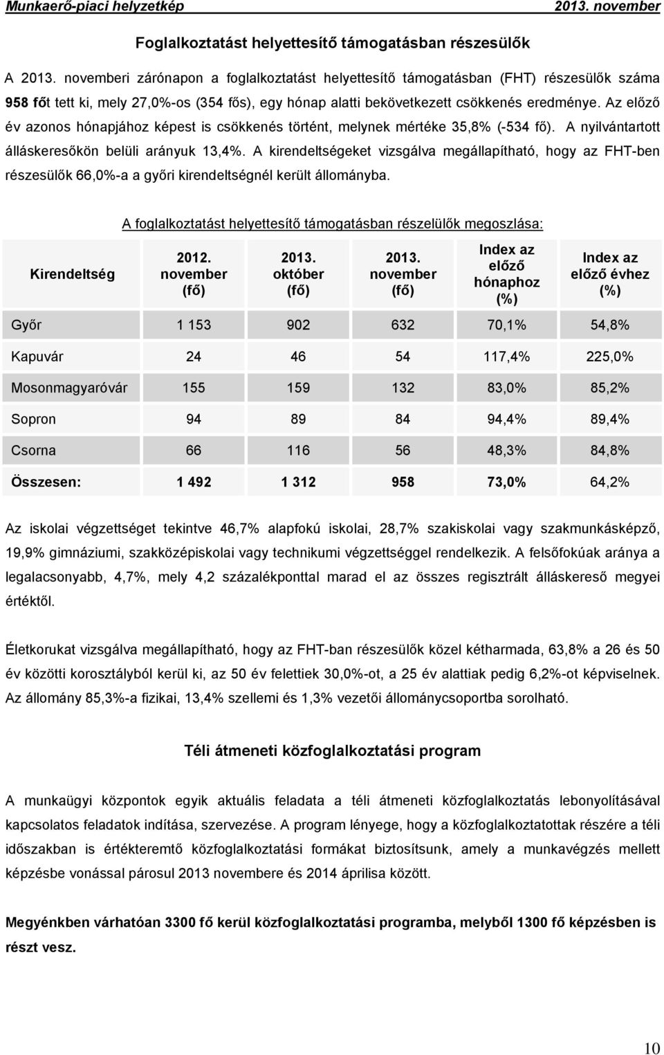 A kirendeltségeket vizsgálva megállapítható, hogy az FHT-ben részesülők 66,0%-a a győri kirendeltségnél került állományba.