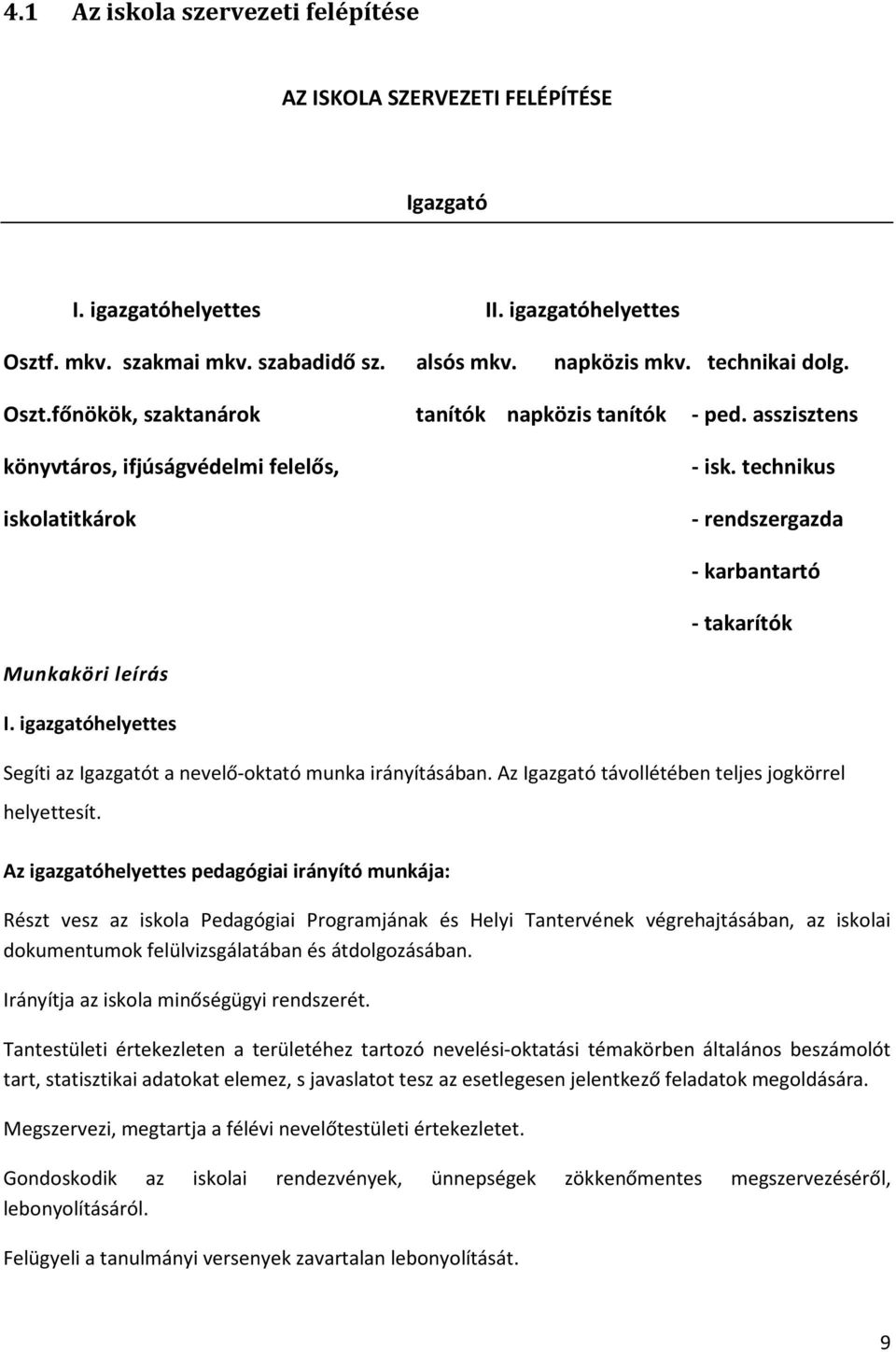 igazgatóhelyettes Segíti az Igazgatót a nevelő-oktató munka irányításában. Az Igazgató távollétében teljes jogkörrel helyettesít.