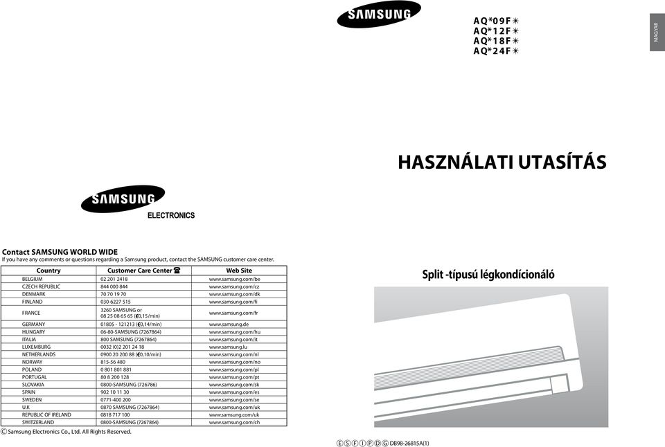 samsung.com/fr GERMANY 01805-121213 ( 0,14/min) www.samsung.de HUNGARY 06-80-SAMSUNG (7267864) www.samsung.com/hu ITALIA 800 SAMSUNG (7267864) www.samsung.com/it LUXEMBURG 0032 (0)2 201 24 18 www.