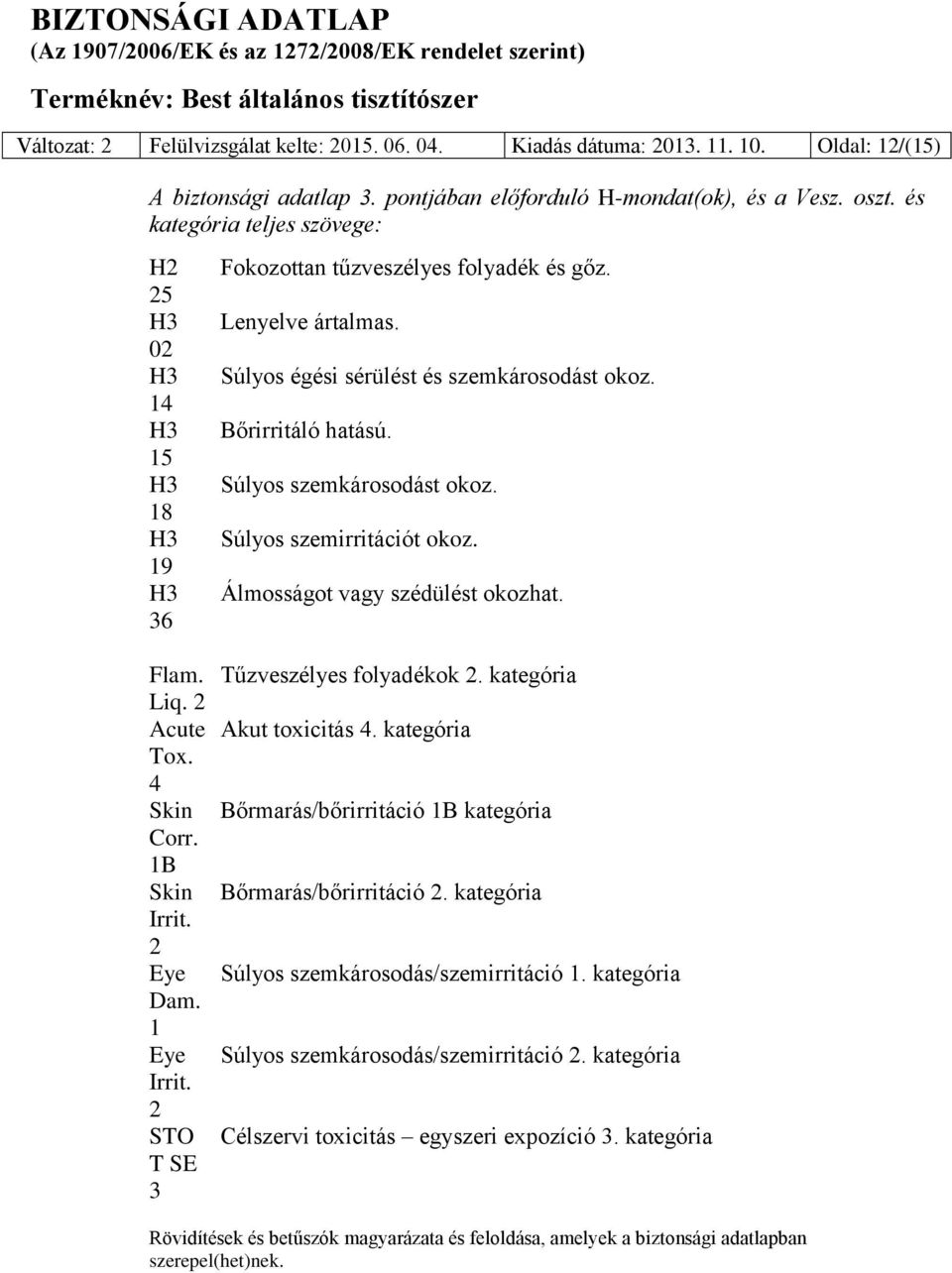 Lenyelve ártalmas. Súlyos égési sérülést és szemkárosodást okoz. Bőrirritáló hatású. Súlyos szemkárosodást okoz. Súlyos szemirritációt okoz. Álmosságot vagy szédülést okozhat.