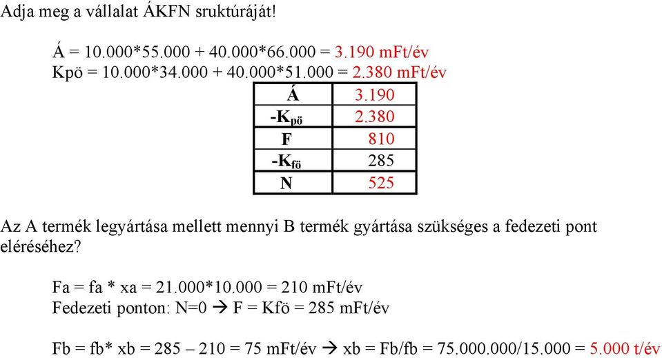 380 F 810 -K fö 285 N 525 Az A termék legyártása mellett mennyi B termék gyártása szükséges a fedezeti pont