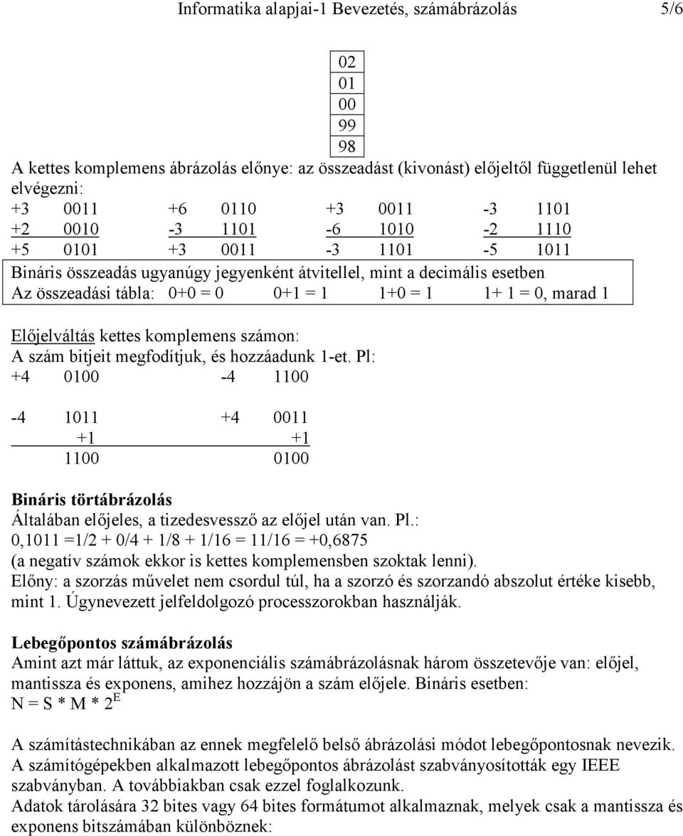 szám btjet megfodítjuk, és hozzáadunk 1-et. Pl: +4 1-4 11-4 111 +4 11 +1 +1 11 1 Bnárs törtábrázolás Általában előjeles, a tzedesvessző az előjel után van. Pl.:,111 =1/2 + /4 + 1/8 + 1/16 = 11/16 = +,6875 (a negatív számok ekkor s kettes komplemensben szoktak lenn).