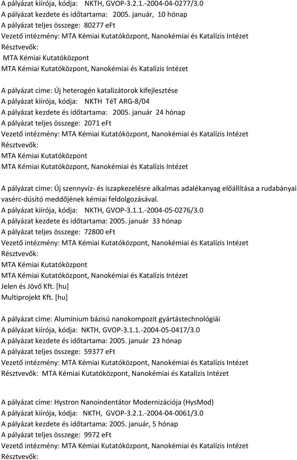 pályázat kiírója, kódja: NKTH TéT ARG 8/04 A pályázat kezdete és időtartama: 2005.