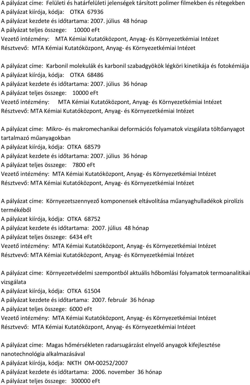 szabadgyökök légköri kinetikája és fotokémiája A pályázat kiírója, kódja: OTKA 68486 A pályázat kezdete és időtartama: 2007.