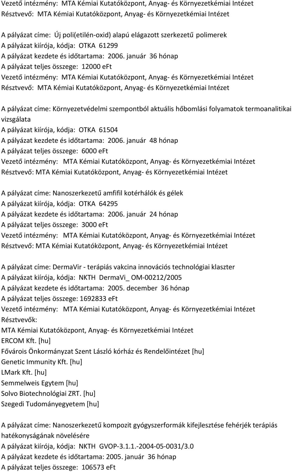 január 36 hónap A pályázat teljes összege: 12000 eft Vezető intézmény:, Anyag és Környezetkémiai Intézet Résztvevő:, Anyag és Környezetkémiai Intézet A pályázat címe: Környezetvédelmi szempontból