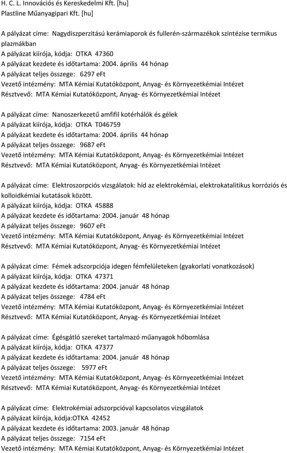 április 44 hónap A pályázat teljes összege: 6297 eft Vezető intézmény:, Anyag és Környezetkémiai Intézet Résztvevő:, Anyag és Környezetkémiai Intézet A pályázat címe: Nanoszerkezetű amfifil