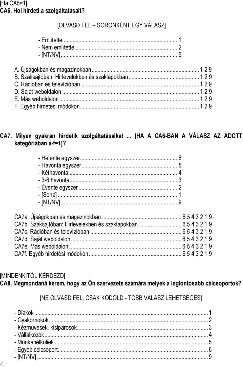 .. [HA A CA6-BAN A VÁLASZ AZ ADOTT kategóriában a-f=1]? - Hetente egyszer... 6 - Havonta egyszer... 5 - Kéthavonta... 4-3-6 havonta... 3 - Évente egyszer... 2 - [Soha]... 1 CA7a.