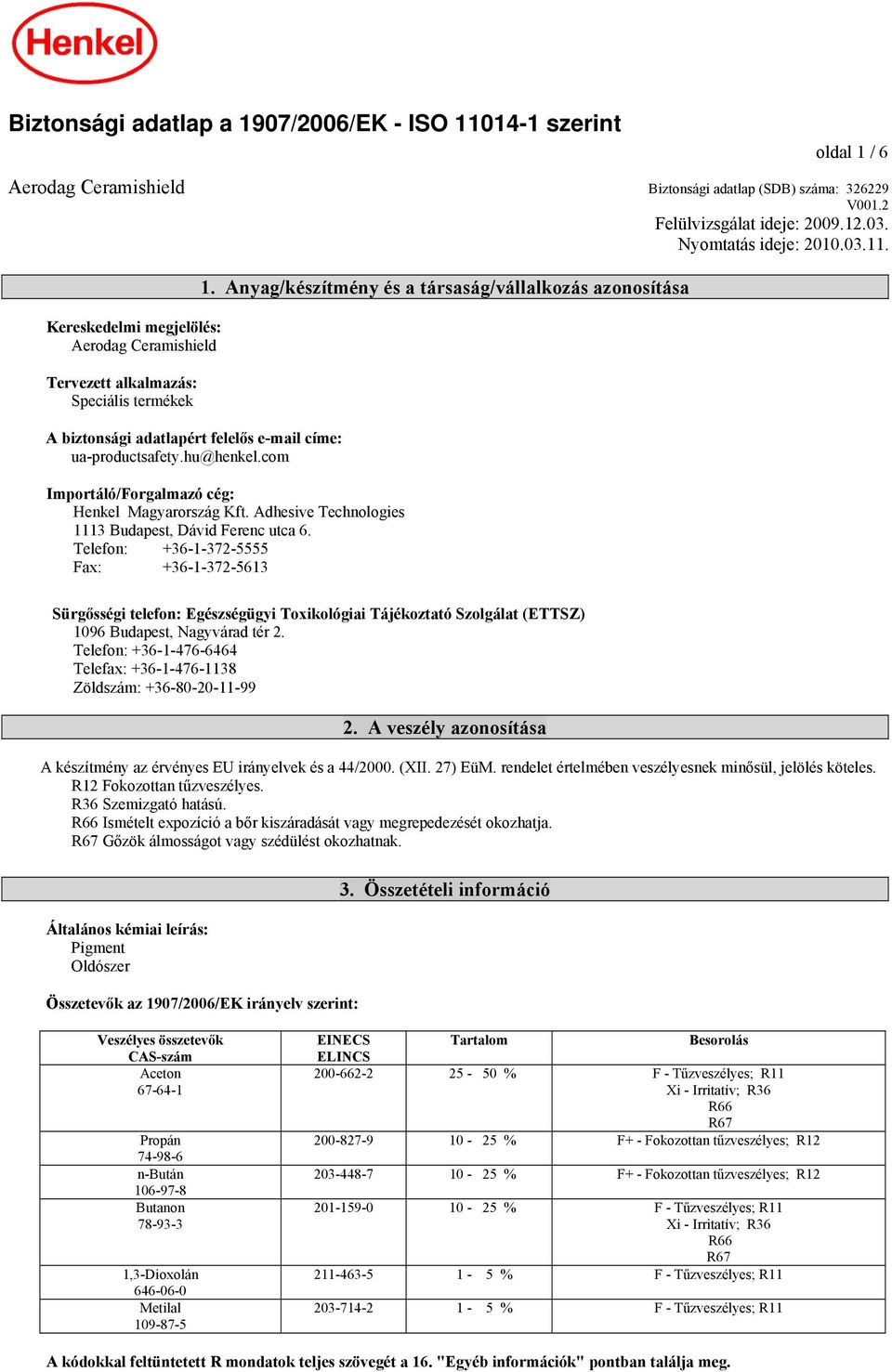 Telefon: +36-1-372-5555 Fax: +36-1-372-5613 Sürgősségi telefon: Egészségügyi Toxikológiai Tájékoztató Szolgálat (ETTSZ) 1096 Budapest, Nagyvárad tér 2.