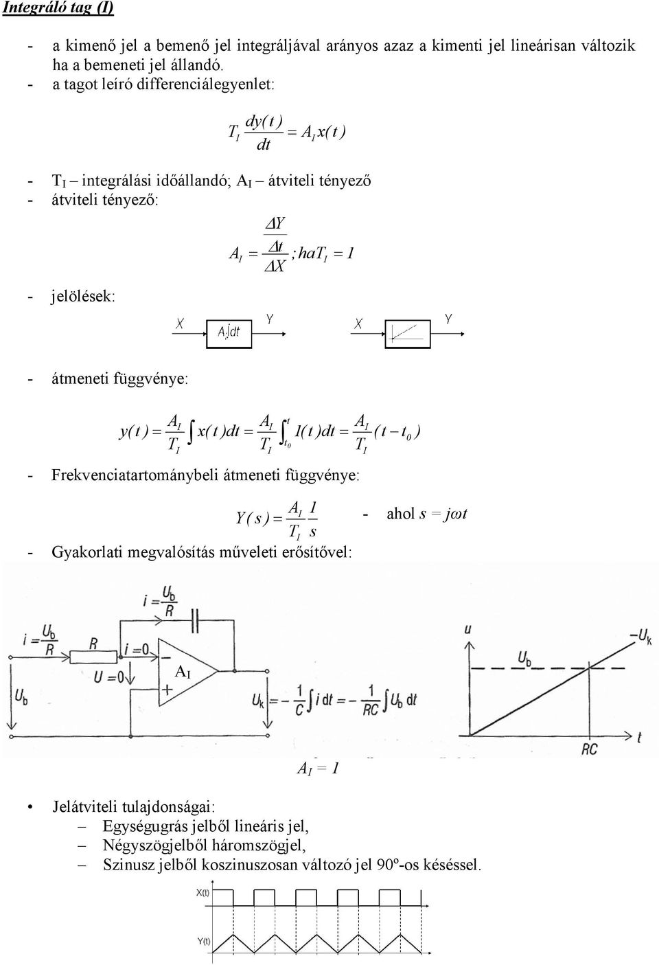 függvénye: y( ) x( ) ( ) ( 0 ) 0 - Fekvenciaaománybeli ámenei függvénye: Y( s ) s - Gyakolai megvalósíás művelei eősíővel: - ahol s