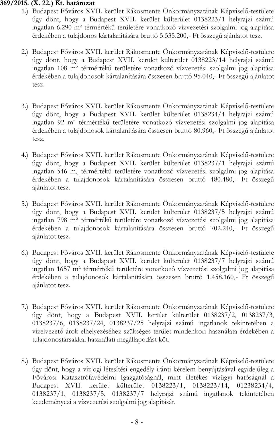 200,- Ft összegű ajánlatot tesz. 2.) Budapest Főváros XVII. kerület Rákosmente Önkormányzatának Képviselő-testülete úgy dönt, hogy a Budapest XVII.