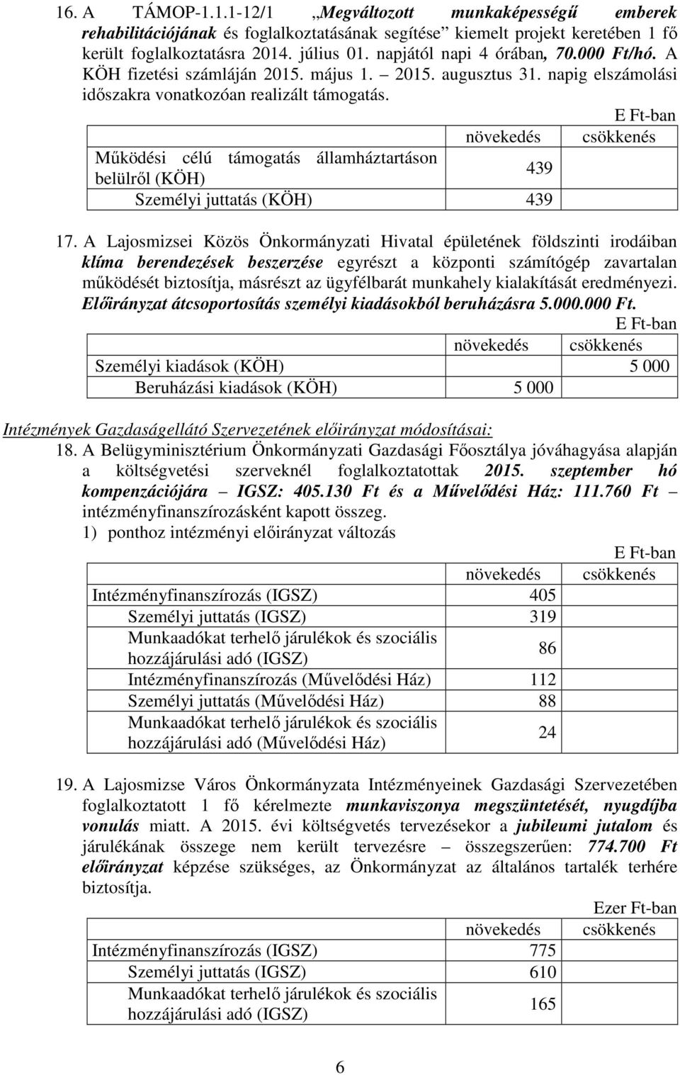E Ft-ban növekedés csökkenés Mőködési célú támogatás államháztartáson belülrıl (KÖH) 439 Személyi juttatás (KÖH) 439 17.
