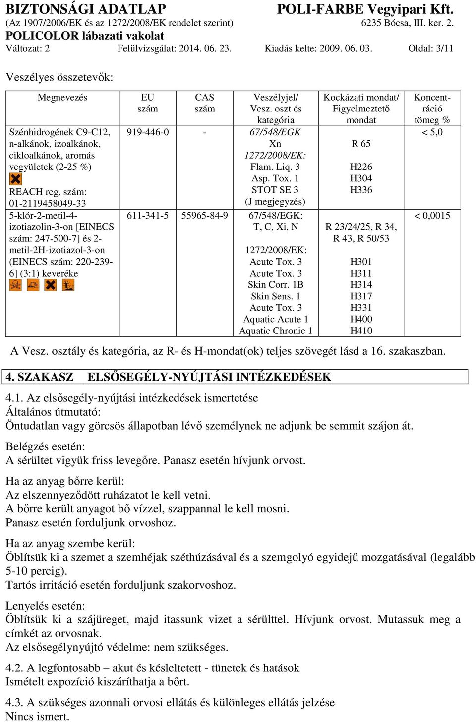 szám: 01-2119458049-33 5-klór-2-metil-4- izotiazolin-3-on [EINECS szám: 247-500-7] és 2- metil-2h-izotiazol-3-on (EINECS szám: 220-239- 6] (3:1) keveréke EU szám CAS szám Veszélyjel/ Vesz.