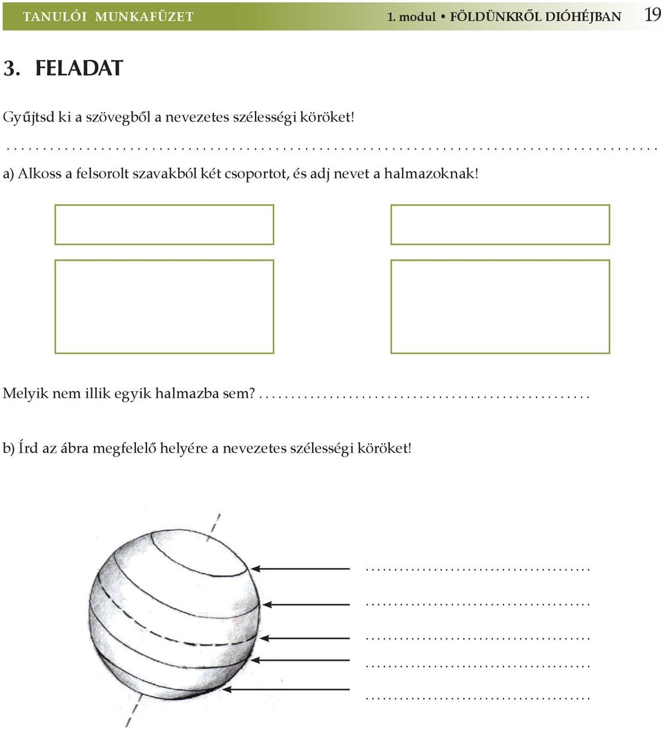 Melyik nem illik egyik halmazba sem?.................................................... b) Írd az ábra megfelelő helyére a nevezetes szélességi köröket!