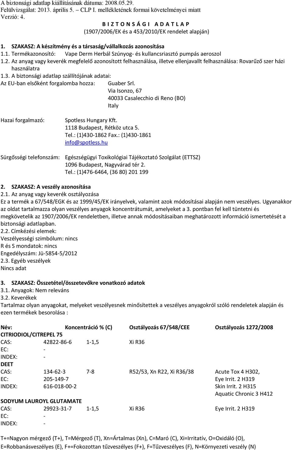 2. Az anyag vagy keverék megfelelő azonosított felhasználása, illetve ellenjavallt felhasználása: Rovarűző szer házi használatra 1.3.