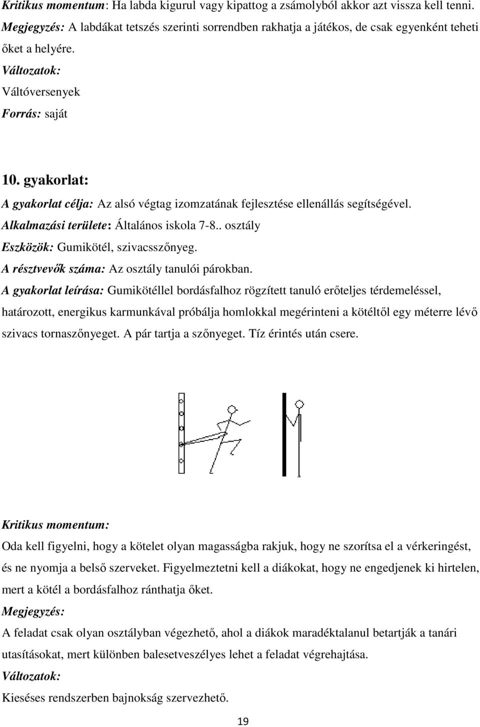 gyakorlat: A gyakorlat célja: Az alsó végtag izomzatának fejlesztése ellenállás segítségével. Alkalmazási területe: Általános iskola 7-8.. osztály Eszközök: Gumikötél, szivacsszőnyeg.
