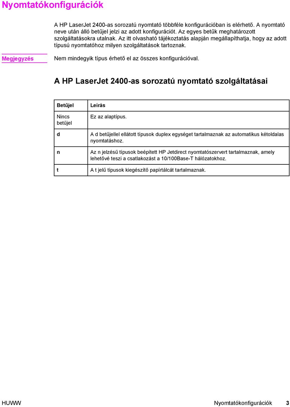 Megjegyzés Nem mindegyik típus érhető el az összes konfigurációval. A HP LaserJet 2400-as sorozatú nyomtató szolgáltatásai Betűjel Nincs betűjel d n t Leírás Ez az alaptípus.