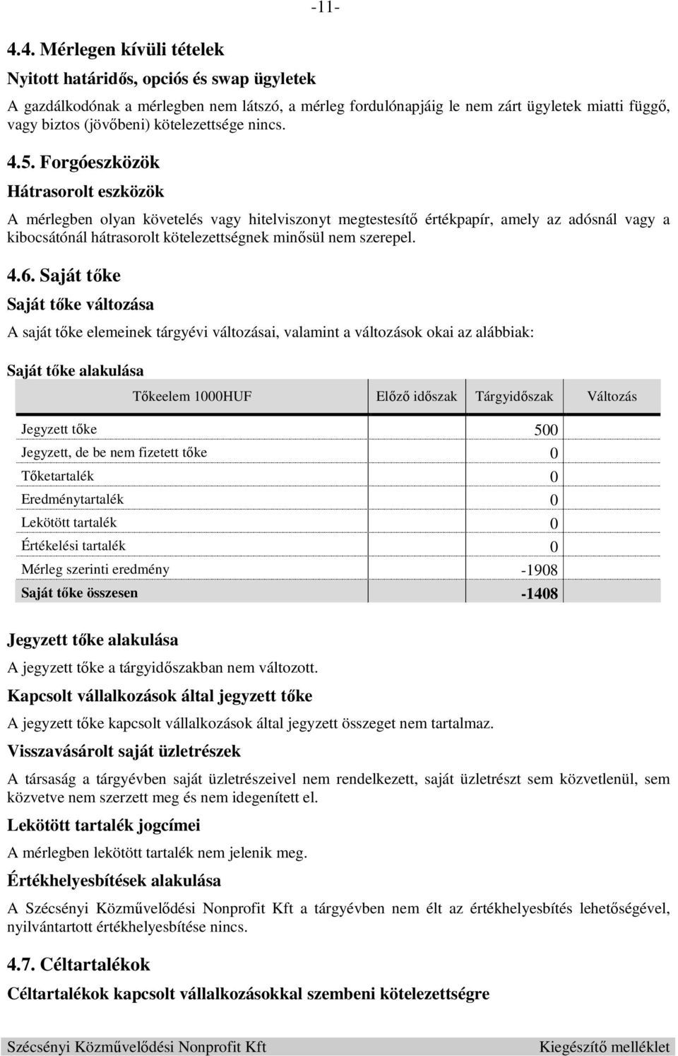 kötelezettsége nincs. 4.5.