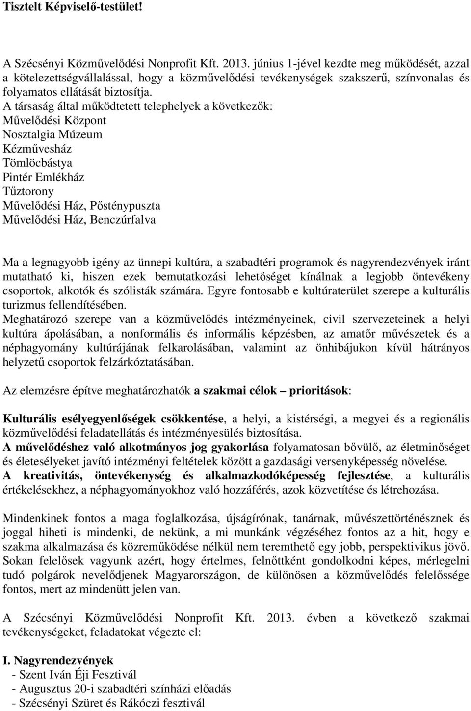 A társaság által működtetett telephelyek a következők: Művelődési Központ Nosztalgia Múzeum Kézművesház Tömlöcbástya Pintér Emlékház Tűztorony Művelődési Ház, Pősténypuszta Művelődési Ház,