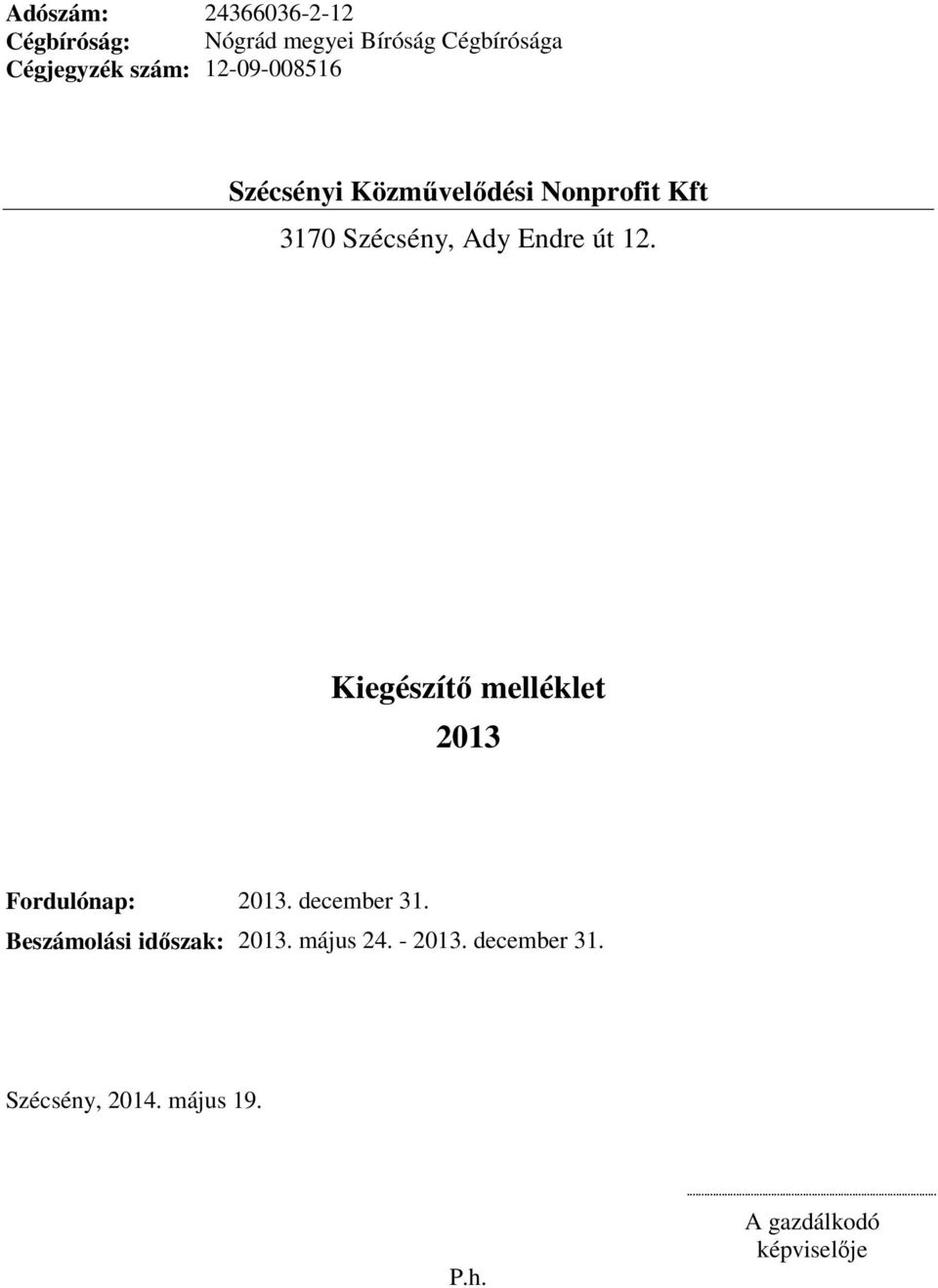 2013 Fordulónap: 2013. december 31. Beszámolási időszak: 2013.