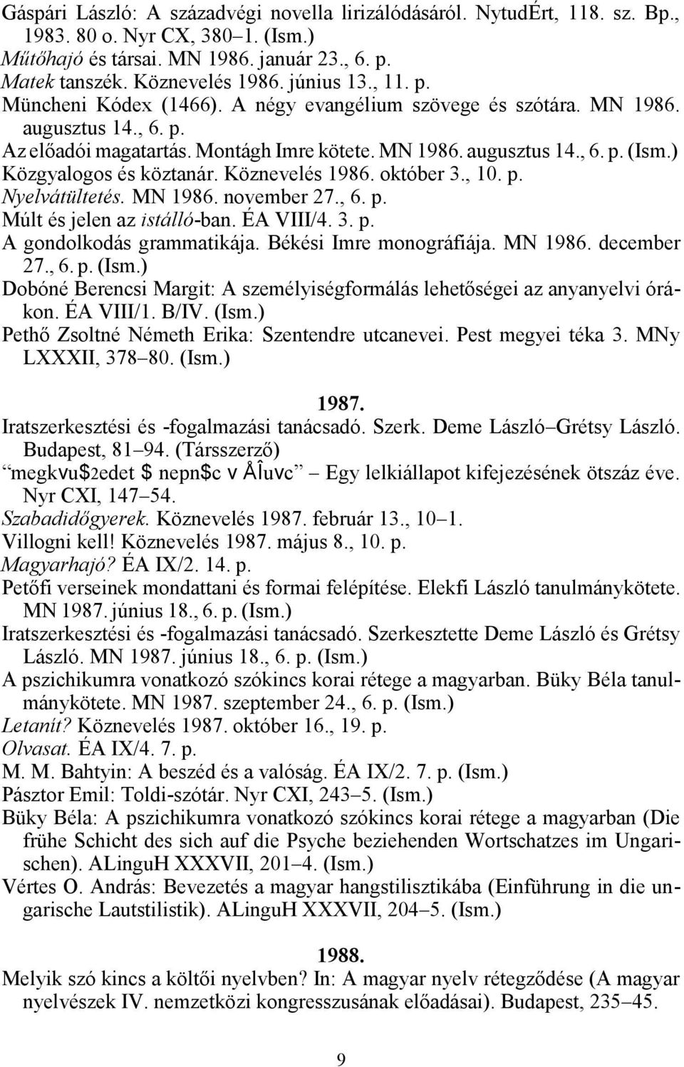 ) Közgyalogos és köztanár. Köznevelés 1986. október 3., 10. p. Nyelvátültetés. MN 1986. november 27., 6. p. Múlt és jelen az istálló-ban. ÉA VIII/4. 3. p. A gondolkodás grammatikája.