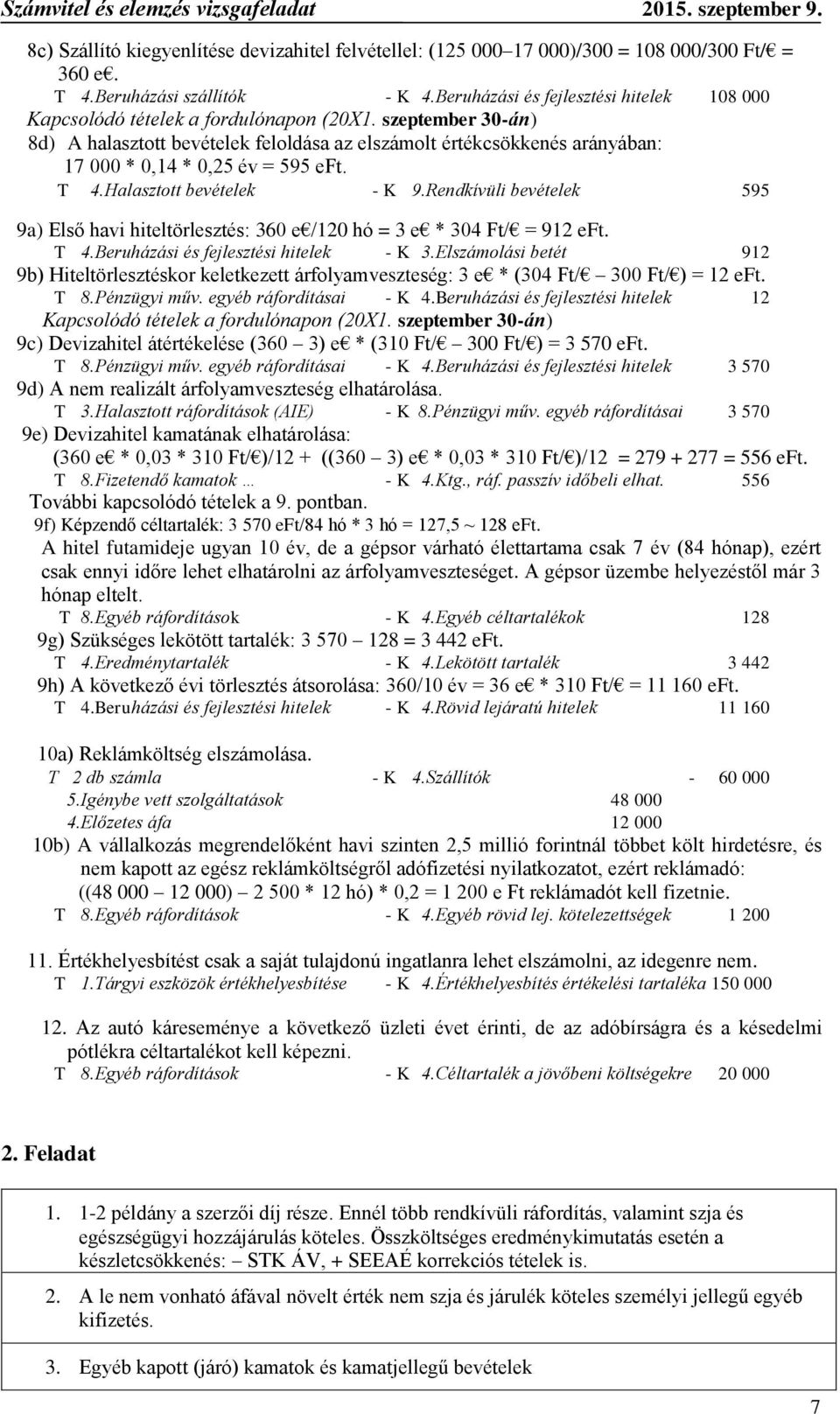 szeptember 30-án) 8d) A halasztott bevételek feloldása az elszámolt értékcsökkenés arányában: 17 000 * 0,14 * 0,25 év = 595 eft. T 4.Halasztott bevételek - K 9.